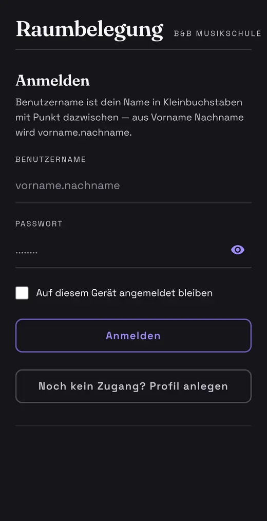 Anmeldeseite der Raumbelegung mit Benutzername, Passwort und der Option, angemeldet zu bleiben