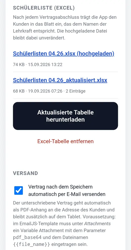 Einstellungen mit hochgeladener und aktualisierter Schülerliste sowie der Option für den automatischen E-Mail-Versand