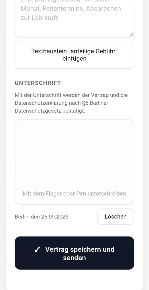 Unterschriftsfeld mit Datum und dem Knopf Vertrag speichern und senden