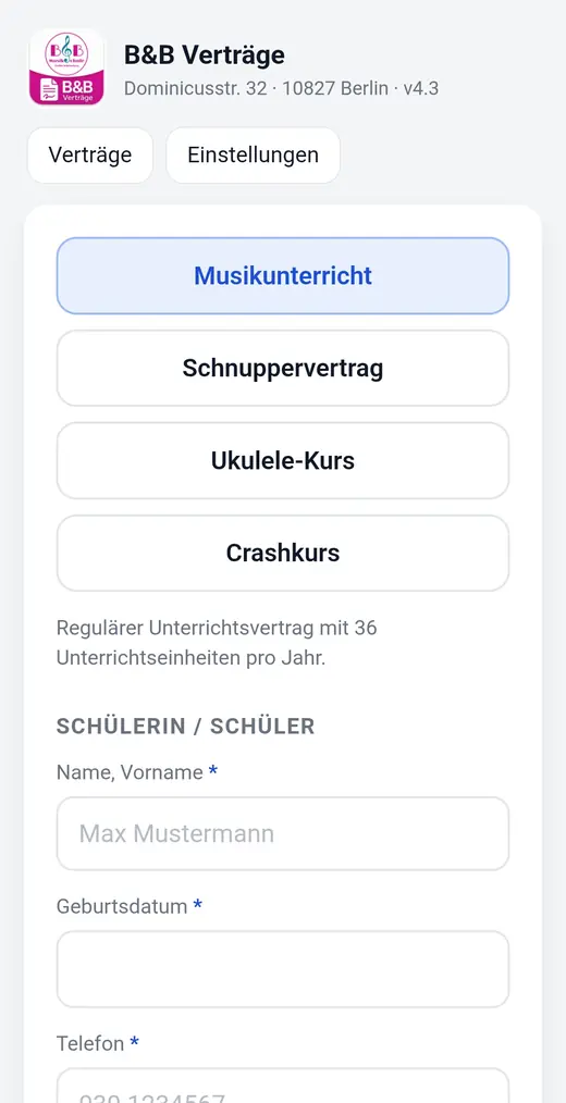Auswahl der Vertragsart: Musikunterricht, Schnuppervertrag, Ukulele-Kurs und Crashkurs, darunter die Felder für die Schülerdaten