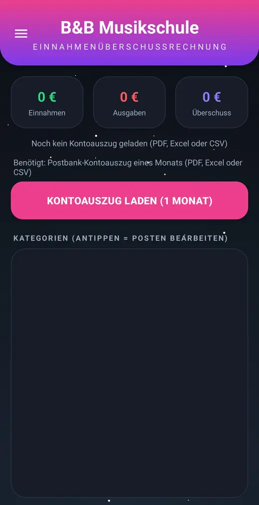 Bildschirm der Einnahmenüberschussrechnung mit Einnahmen, Ausgaben und Überschuss